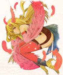 Rule 34 | 1girl, aikosu (icos), bird legs, bird tail, blonde hair, blush, brown eyes, commentary request, duel monster, feathered wings, feathers, hair between eyes, hair ornament, harpie girl (yu-gi-oh!), harpy, heart, heart hair ornament, long hair, monster girl, open mouth, pink feathers, pink thighhighs, solo, tail, talons, thighhighs, winged arms, wings, yu-gi-oh!