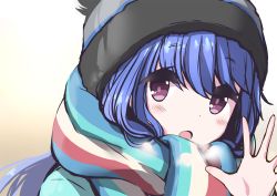 Rule 34 | 1girl, blue eyes, blue jacket, blush, breath, close-up, commentary request, eyes visible through hair, gradient background, hair down, jacket, long hair, looking at viewer, multicolored clothes, multicolored headwear, multicolored scarf, n2midori, open hand, open mouth, purple eyes, scarf, shima rin, simple background, solo, steam, striped clothes, striped headwear, striped scarf, woollen cap, yurucamp