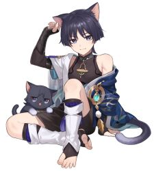 Rule 34 | 1boy, animal, animal ear fluff, animal ears, animal nose, arm up, artist name, bare shoulders, belt, black belt, black fur, black gloves, black hair, black shirt, black shorts, black socks, blue gemstone, blunt ends, cat, cat boy, cat ears, cat tail, closed mouth, collarbone, covered collarbone, eyeshadow, fingernails, gem, genshin impact, gloves, gold trim, half-closed eyes, highres, jewelry, leaf, leg warmers, looking at viewer, makeup, mandarin collar, no headwear, no shoes, open clothes, open vest, parted bangs, pom pom (clothes), purple belt, purple eyes, red eyeshadow, ring, scaramouche (cat) (genshin impact), scaramouche (genshin impact), shirt, short hair, short sleeves, shorts, simple background, sitting, sleeveless, sleeveless shirt, smile, socks, tail, tassel, toenails, tongue, tongue out, unapoppo, vest, vision (genshin impact), wanderer (genshin impact), white background, white vest