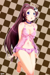 Rule 34 | 1girl, :o, artist name, babydoll, barefoot, blue eyes, blush, breasts, brown background, character name, checkered background, choker, cleavage, dha, elysia de lute ima, hair ornament, heart, highres, kami nomi zo shiru sekai, lingerie, long hair, looking at viewer, navel, open mouth, outline, panties, ponytail, see-through, shiny skin, skull hair ornament, solo, underwear, underwear only