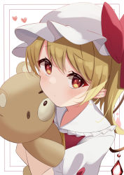 Rule 34 | 1girl, blonde hair, closed mouth, collarbone, crystal, flandre scarlet, hat, heart, highres, holding, holding stuffed toy, kamachi (kamati0maru), looking at viewer, mob cap, red eyes, solo, stuffed animal, stuffed toy, teddy bear, touhou, upper body, white background, white hat, wings