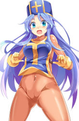 Rule 34 | 1girl, blue eyes, blue hair, blush, bodysuit, breasts, cameltoe, covered navel, dragon quest, dragon quest iii, e.o., female focus, gloves, highres, large breasts, latex, latex suit, long hair, looking at viewer, matching hair/eyes, open mouth, priest (dq3), simple background, skin tight, smile, solo, tabard, very long hair, yellow gloves