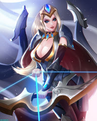 Rule 34 | 1girl, ashe (league of legends), blonde hair, blue eyes, bow (weapon), breasts, championship ashe, cleavage, glowing, highres, holding, holding bow (weapon), holding weapon, league of legends, long hair, mcdobo, medium breasts, weapon