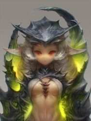 Rule 34 | 1girl, bacius, breasts, breasts apart, eyelashes, grey background, medium breasts, monster girl, pointy ears, red eyes, simple background, solo, underboob, upper body, white hair