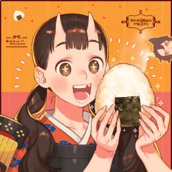 Rule 34 | 2girls, :&lt;, :d, animal ears, armor, blunt bangs, blush, breastplate, brown eyes, brown hair, cat ears, cat girl, chipped tooth, commentary request, copyright name, dungeon meshi, epaulettes, food, holding, holding food, horns, inutade, izutsumi, japanese clothes, kimono, mole, mole under eye, multiple girls, oni, onigiri, open mouth, orange background, pink background, red kimono, sara (kurome1127), simple background, skin-covered horns, smile, star (symbol), star in eye, steam, symbol in eye, twitter username, two-tone background, upper body, yellow eyes