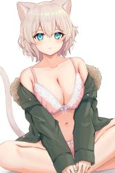 Rule 34 | 1girl, :&lt;, animal ear fluff, animal ears, aqua eyes, bare shoulders, blonde hair, blush, bra, breasts, cat ears, cat girl, cat tail, cleavage, closed mouth, collarbone, commentary request, feet out of frame, forneus 0, fur-trimmed jacket, fur trim, green jacket, highres, jacket, large breasts, long sleeves, looking at viewer, navel, off shoulder, open clothes, open jacket, original, panties, pink bra, pink panties, short hair, simple background, sitting, sleeves past wrists, solo, tail, underwear, white background