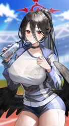 Rule 34 | 1girl, absurdres, black choker, black hair, black wings, blue archive, blue jacket, blue shorts, blush, bottle, breasts, choker, chungla, commentary, cowboy shot, day, gym shirt, gym shorts, gym uniform, hair between eyes, halo, hasumi (blue archive), hasumi (track) (blue archive), high ponytail, highres, holding, holding bottle, huge breasts, jacket, large wings, long hair, long sleeves, looking at viewer, low wings, mole, mole under eye, official alternate costume, outdoors, partially unzipped, ponytail, red eyes, see-through, see-through shirt, shirt, short shorts, shorts, solo, sweat, thighs, track jacket, water bottle, wet, white shirt, wings