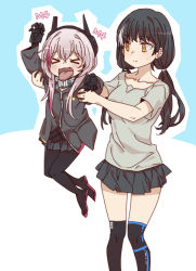 Rule 34 | &gt; &lt;, 2girls, :d, > <, black hair, blue background, blush, commentary, closed eyes, girls&#039; frontline, headgear, heterochromia, holding person, korean commentary, long hair, m4 sopmod ii (girls&#039; frontline), mechanical hands, multicolored hair, multiple girls, open mouth, orange eyes, pantyhose, pink hair, ro635 (girls&#039; frontline), sidarim, simple background, size difference, skirt, smile, standing, streaked hair, sweatdrop, thighhighs, tongue, tongue out, twintails, white background, white hair, xd, yellow eyes