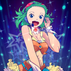 Rule 34 | 1girl, bare shoulders, belt, blue background, blue eyes, breasts, cleavage, eyelashes, female focus, forehead, glint, glowing, goggles, green hair, gumi, nail polish, open mouth, skirt, solo, sparkle, ukke, vocaloid, wrist cuffs