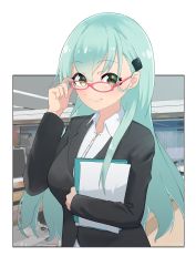 Rule 34 | 1girl, absurdres, black jacket, blush, chair, closed mouth, commentary, computer, dress shirt, unworn eyewear, file, glasses, green eyes, green hair, hair between eyes, hair ornament, hairclip, highres, holding, holding removed eyewear, jacket, kantai collection, kirchoff, long hair, looking at viewer, office, office chair, office lady, red-framed eyewear, shirt, smile, solo, suzuya (kancolle), swivel chair, upper body, white shirt