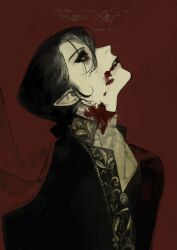 Rule 34 | 1boy, androgynous, ascot, black hair, black jacket, blood, blood from mouth, blood on clothes, blood on face, commentary, english text, fangs, highres, iotaectoplasm, jacket, long hair, looking to the side, low ponytail, muted color, original, pointy ears, red background, red eyes, solo, symbol-only commentary, upper body, vampire