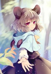 Rule 34 | 1girl, animal ears, black skirt, black vest, capelet, commentary request, cowboy shot, day, fake animal ears, grey hair, hood, hood down, long sleeves, looking at viewer, looking back, mouse ears, nazrin, outdoors, outstretched hand, red eyes, shirt, skirt, smile, solo, tomobe kinuko, touhou, tree, vest, white shirt, yellow neckwear