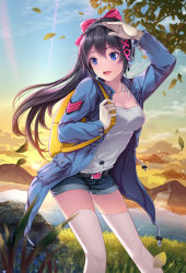 Rule 34 | 1girl, arm up, backpack, bag, black hair, blue eyes, blush, breasts, hair ornament, j.lili, jacket, long hair, looking at viewer, mountain, open mouth, original, os-tan, os tan, river, shorts, smile, solo, sun, sunset, thighhighs, wind, xp-tan