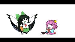 Rule 34 | 2girls, :|, arm cannon, arm up, black hair, blue shirt, blush stickers, book, bow, cape, cat, closed eyes, closed mouth, egg, expressionless, green bow, green skirt, hair bow, hair ornament, hairband, hand on own hip, heart, heart hair ornament, highres, holding, holding book, holding egg, jitome, kaenbyou rin, kaenbyou rin (cat), komeiji satori, letterboxed, long hair, looking at another, multiple girls, open book, open mouth, parody, pink skirt, print cape, priswocaer, purple eyes, purple hair, reiuji utsuho, shirt, short sleeves, simple background, sitting, skirt, smile, space print, standing, starry sky print, third eye, third eye on chest, touhou, weapon, white background, white cape, wide sleeves, wings, yudetamago yudemasu!!!! (utau)