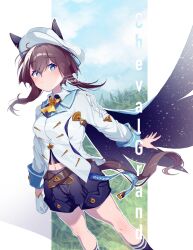 Rule 34 | 1girl, animal ears, arm at side, ascot, black socks, blue eyes, blue shorts, blush, breasts, brown hair, cape, character name, cheval grand (umamusume), closed mouth, collared shirt, feet out of frame, gloves, grass, highres, horse ears, horse girl, horse tail, jacket, kneehighs, long hair, long sleeves, looking at viewer, midriff, multicolored hair, navel, outdoors, outstretched arm, renma (renma 0503), shirt, shorts, single glove, small breasts, socks, solo, standing, streaked hair, tail, twitter username, umamusume, white gloves, white headwear, white jacket, yellow ascot