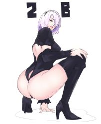 Rule 34 | 1girl, ass, female focus, highres, nier (series), nier:automata, sad pops, self-upload, simple background, solo, squatting, tagme, thighhighs, white background, 2b (nier:automata)