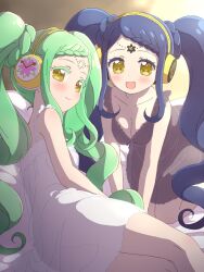 Rule 34 | 2girls, :d, arm support, bad id, bad nijie id, blue hair, blush, braid, braided bangs, breasts, chemise, cleavage, closed mouth, colored eyelashes, commentary request, falala a larm, feet out of frame, garara s leep, green hair, head chain, headphones, highres, idol time pripara, ikzw, jewelry, kneeling, leaning forward, long hair, looking at viewer, looking back, lying, medium breasts, multiple girls, no panties, on side, open mouth, pretty series, pripara, siblings, sidelocks, sisters, smile, symbol-shaped pupils, twins, twintails, underwear, underwear only, very long hair, yellow eyes