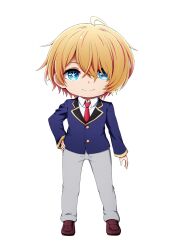 Rule 34 | 1boy, blazer, blue eyes, blue jacket, brown footwear, brown hair, chibi, closed mouth, collared shirt, full body, grey pants, hair over one eye, hand on own hip, highres, hoshino aquamarine, jacket, kuena, loafers, long sleeves, looking at viewer, male focus, necktie, oshi no ko, pants, red necktie, school uniform, shirt, shoes, simple background, smile, solo, standing, symbol-shaped pupils, white background, white shirt