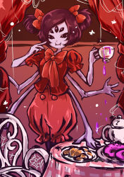 Rule 34 | 1girl, bow, breasts, cake, colored skin, extra arms, extra eyes, fang, food, arthropod girl, monster girl, muffet, purple skin, ribbon, spider girl, tea, teapot, thighhighs, undertale