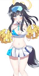 Rule 34 | 1girl, animal ears, bare shoulders, black hair, blue archive, blue eyes, blush, breasts, cheerleader, cleavage, collarbone, crop top, dog ears, dog girl, dog tail, goggles, goggles on head, halo, hibiki (blue archive), hibiki (cheer squad) (blue archive), highres, holding, holding pom poms, long hair, looking at viewer, medium breasts, midriff, millennium cheerleader outfit (blue archive), miniskirt, murase48, navel, open mouth, pleated skirt, pom pom (cheerleading), pom poms, ponytail, shirt, sidelocks, simple background, skirt, sleeveless, sleeveless shirt, small breasts, solo, standing, tail, thighhighs, white skirt