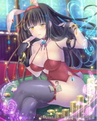 Rule 34 | 1girl, :d, animal ears, arm belt, bangle, black gloves, black hair, black thighhighs, blunt bangs, blush, bracelet, breasts, card, company name, covered navel, crossed legs, fake animal ears, falkyrie no monshou, fingerless gloves, gloves, hand in own hair, hands up, indoors, jewelry, large breasts, leotard, looking at viewer, money, official art, open mouth, playing card, poker chip, poker table, rabbit ears, red leotard, sitting, smile, solo, soukuu kizuna, table, thighhighs, thighs, yellow eyes