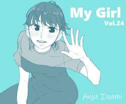 Rule 34 | 1girl, absurdres, blue background, blush, character name, commentary, dress, earrings, highres, inami anju, jewelry, kashikaze, looking at viewer, medium hair, monochrome, open mouth, real life, short hair, simple background, solo, stud earrings, teeth, upper teeth only, voice actor, waving