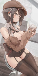 Rule 34 | 1girl, breasts, brown eyes, brown hair, brown headwear, brown sweater, cleavage, closed mouth, cup, fingernails, garter belt, genek, gluteal fold, hair ornament, hairclip, hat, highres, holding, holding cup, large breasts, looking at viewer, original, short hair, sweater, thighhighs, thighs