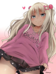 Rule 34 | 1girl, akino shuu, aqua eyes, black skirt, blonde hair, blush, bow, closed mouth, clothes writing, collarbone, cowboy shot, gradient background, grecale (kancolle), hair between eyes, hair bow, heart, jewelry, kantai collection, long hair, long sleeves, motion lines, necklace, panties, pink bow, pink shirt, pleated skirt, shirt, skirt, smile, solo, striped clothes, striped panties, twitter username, underwear, wavy hair
