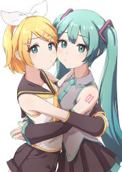 Rule 34 | 2girls, :&lt;, blue eyes, blue hair, blush, bow, cheek-to-cheek, collared shirt, commentary, detached sleeves, hair bow, hair ornament, hairband, hairclip, hatsune miku, heads together, highres, hug, kagamine rin, long hair, long sleeves, looking at viewer, multiple girls, nail polish, neckerchief, necktie, own hands together, parted bangs, pleated skirt, puckered lips, sailor collar, shirt, short hair, short shorts, shorts, skirt, sleeveless, sleeveless shirt, twintails, very long hair, vocaloid, yakkl