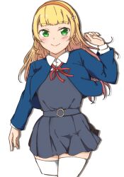 Rule 34 | 1girl, blonde hair, blue jacket, blunt bangs, blush, closed mouth, collared shirt, commentary request, cropped legs, dress, green eyes, grey dress, hairband, heanna sumire, highres, jacket, liz (piyoko piyop), long hair, long sleeves, looking at viewer, love live!, love live! superstar!!, neck ribbon, open clothes, open jacket, orange hairband, red ribbon, ribbon, school uniform, shirt, sidelocks, smile, solo, thighhighs, upper body, white background, white shirt, white thighhighs, winter uniform, yuigaoka school uniform, zettai ryouiki