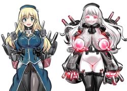 Rule 34 | 10s, 2girls, 774 (nanashi), abyssal ship, atago (kancolle), bad id, bad pixiv id, before and after, black gloves, blonde hair, blush, breasts, corruption, dark persona, fishnets, gloves, glowing, glowing eyes, green eyes, hat, inverted nipples, kantai collection, large breasts, long hair, looking at viewer, military, military uniform, multiple girls, nippleless clothes, nipples, no pussy, pantyhose, personification, red eyes, skirt, smile, teeth, thighhighs, uniform, white hair