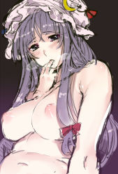 Rule 34 | 1girl, blush, breasts, finger in own mouth, hat, heavy breathing, large breasts, long hair, nipples, nude, patchouli knowledge, purple hair, ribbon, solo, spanking momoko, touhou, upper body