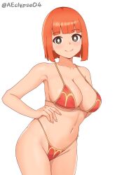 Rule 34 | 1girl, absurdres, alternate breast size, armpit crease, bikini, breasts, cleavage, closed mouth, collarbone, eclyart, grey eyes, hands on own hips, highres, large breasts, looking at viewer, mature female, mcdonald&#039;s, medium hair, mother (yoru mac), navel, orange hair, simple background, smile, solo, standing, swimsuit, underwear, white background, yoru mac
