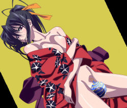 Rule 34 | 10s, 1girl, black hair, bottomless, breasts, clothes, high school dxd, highres, himejima akeno, japanese clothes, kimono, large breasts, long hair, lying, purple eyes, smile, solo, stitched, tan, third-party edit, yukata