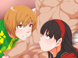 Rule 34 | 2girls, :&gt;=, amagi yukiko, bed, black eyes, black hair, blonde hair, blush, censored, clenched teeth, clothed female nude male, fellatio, hairband, indoors, ko1444, legs, long hair, looking at another, looking up, mosaic censoring, multiple girls, nude, oral, parted lips, penis, persona, persona 4, satonaka chie, short hair, sitting, smile, teeth, thighs, yellow eyes, zipper