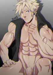 Rule 34 | 1boy, abs, bara, blonde hair, blue eyes, cloud strife, earrings, final fantasy, flaccid, highres, jewelry, looking away, male focus, muscular, pectorals, penis, simple background, sitting, solo, spiked hair, suyohara, undressing, yaoi