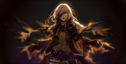 Rule 34 | 1girl, backlighting, braid, clenched hand, cowboy shot, eyepatch, girls&#039; frontline, gloves, glowing, glowing eyes, grey hair, jacket, long hair, looking at viewer, m16a1 (boss) (girls&#039; frontline), m16a1 (girls&#039; frontline), open mouth, pleated skirt, silence girl, skirt, solo, spoilers, white hair, wind, yellow eyes