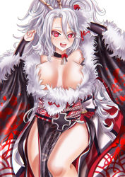 Rule 34 | 1girl, :d, azur lane, bare shoulders, breasts, choker, cleavage, collarbone, commentary request, cross, drooling, fur trim, hair between eyes, hair ornament, hair ribbon, highres, huge breasts, iron cross, japanese clothes, kein hasegawa, kimono, long hair, long sleeves, looking at viewer, mole, mole under eye, obi, off shoulder, official alternate costume, open mouth, ponytail, prinz heinrich (azur lane), prinz heinrich (fireworks and tapestries) (azur lane), red eyes, ribbon, sash, side slit, sidelocks, simple background, smile, solo, thick thighs, thighs, white background, white hair, wide sleeves