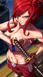 1girl absurdres breasts brown_eyes chest_sarashi cleavage commentary erza_scarlet fairy_tail highres holding holding_sword holding_weapon long_hair looking_at_viewer navel ponytail red_hair sarashi solo sword tettora weapon