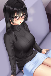 Rule 34 | 1girl, absurdres, arm support, arms at sides, black-framed eyewear, black hair, black sweater, blush, bralines, breasts, clothes pull, couch, denim, feet out of frame, glasses, highres, huyumitsu, indoors, jeans, large breasts, long hair, long sleeves, looking at viewer, no pants, on couch, open fly, original, pants, pants pull, parted lips, photoshop (medium), red eyes, ribbed sweater, sitting, solo, straight hair, surprised, sweater, taut sweater, textless version, thighs, towel, turtleneck, turtleneck sweater