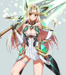 Rule 34 | 1girl, blonde hair, breasts, cleavage, cleavage cutout, clothing cutout, commentary request, dress, earrings, elbow gloves, full body, gem, gloves, glowing, grey background, hair ornament, headpiece, highres, holding, holding sword, holding weapon, jewelry, large breasts, long hair, looking at viewer, mythra (xenoblade), nakazou2000, nintendo, simple background, smile, solo, swept bangs, sword, tiara, very long hair, weapon, white dress, xenoblade chronicles (series), xenoblade chronicles 2, yellow eyes