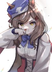 Rule 34 | 1girl, animal ears, bare shoulders, blood, blood on face, blue bow, blue hat, bow, breasts, brown eyes, brown hair, closed mouth, collared shirt, commentary request, ears through headwear, flat cap, grey background, hair between eyes, hand up, hat, highres, horse ears, jacket, long sleeves, looking at viewer, matikane tannhauser (umamusume), medium breasts, multicolored hair, puffy long sleeves, puffy sleeves, shirt, shiwa (siwaa0419), solo, streaked hair, umamusume, upper body, white hair, white jacket, white shirt