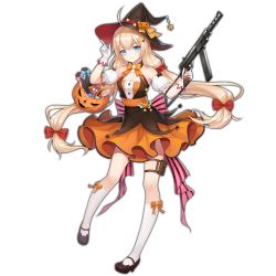 Rule 34 | 1girl, ahoge, bare shoulders, black footwear, blonde hair, blue eyes, bow, bowtie, breasts, carl gustaf m/45, cleavage, closed mouth, detached sleeves, dress, full body, girls&#039; frontline, gloves, gun, hair bow, halloween, hat, holding, holding gun, holding weapon, jack-o&#039;-lantern, leg belt, long hair, looking at viewer, m45 (candy express) (girls&#039; frontline), m45 (girls&#039; frontline), medium breasts, official alternate costume, official art, orange bow, orange bowtie, orange skirt, photoshop (medium), puffy short sleeves, puffy sleeves, red bow, shoes, short sleeves, skirt, smile, socks, solo, standing, standing on one leg, submachine gun, tamaxi, thigh strap, transparent background, weapon, white gloves, white socks, witch hat