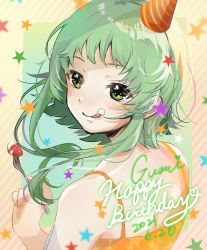 Rule 34 | 1girl, :p, absurdres, bad id, bad twitter id, character name, commentary, cream, cream on face, dated, food, food on face, fork, from behind, fruit, green eyes, green hair, gumi, happy birthday, hat, highres, holding, holding fork, licking, light blush, looking at viewer, looking back, orange shirt, pafufu, party hat, shirt, short hair with long locks, sidelocks, solo, spaghetti strap, star (symbol), star print, strawberry, striped, striped background, tongue, tongue out, vocaloid