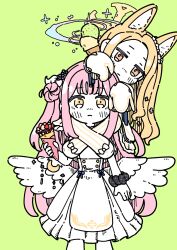 Rule 34 | 2girls, angel wings, animal ear fluff, animal ears, blue archive, blush, closed mouth, crepe, crescent, crescent pin, dress, extra ears, feather hair ornament, feathers, flower, food, fox ears, ganbarutoufu, green background, hair bun, hair flower, hair ornament, halo, highres, holding, holding food, ice cream, long hair, mika (blue archive), multiple girls, pink hair, pink halo, purple flower, seia (blue archive), simple background, single side bun, sleeves past fingers, sleeves past wrists, white dress, white wings, wings, yellow eyes, yellow halo