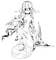 Rule 34 | 1girl, absurdres, breasts, female focus, fins, frfr, gills, greyscale, hair between eyes, head fins, highres, long hair, mermaid, monochrome, monster girl, no nipples, original, scales, simple background, small breasts, smile, solo, webbed hands, white background
