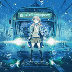 Rule 34 | 1boy, 1girl, album cover, bag, blue theme, brown hair, bubble, cover, green eyes, hair ornament, head rest, highres, horns, konno takashi (frontier pub), looking at viewer, railroad tracks, school bag, school uniform, signature, smile, sweater vest, thighhighs, train, twintails, underwater