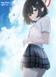 Rule 34 | 1girl, ayane (blue archive), black hair, black skirt, blue archive, blue sky, blush, cloud, cloudy sky, deevile 0122, halo, highres, looking at viewer, pointy ears, skirt, sky, solo, thigh gap, wet, wet clothes, yellow eyes