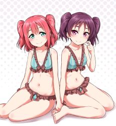 Rule 34 | 10s, 2girls, barefoot, bikini, blush, breasts, brown scrunchie, collarbone, commentary request, finger to cheek, frilled bikini, frills, green eyes, halftone, halftone background, hand up, holding hands, kazuno leah, kurosawa ruby, looking at viewer, love live!, love live! sunshine!!, matching outfits, midriff, multiple girls, navel, polka dot, polka dot scrunchie, purple eyes, purple hair, red hair, scrunchie, sitting, small breasts, smile, stomach, swimsuit, tsurime, twintails, two side up, wrist scrunchie, yopparai oni