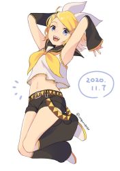 Rule 34 | ^^^, arm warmers, armpits, arms behind head, arms up, bare shoulders, binchou maguro, black collar, black shorts, blonde hair, blue eyes, bow, collar, commentary, crop top, date pun, dated, full body, hair bow, hair ornament, hairclip, kagamine rin, leg warmers, midriff, navel, neckerchief, number pun, open mouth, sailor collar, school uniform, shirt, short hair, short shorts, shorts, sleeveless, sleeveless shirt, smile, solo, stomach, swept bangs, twitter username, vocaloid, white background, white bow, white shirt, yellow neckerchief